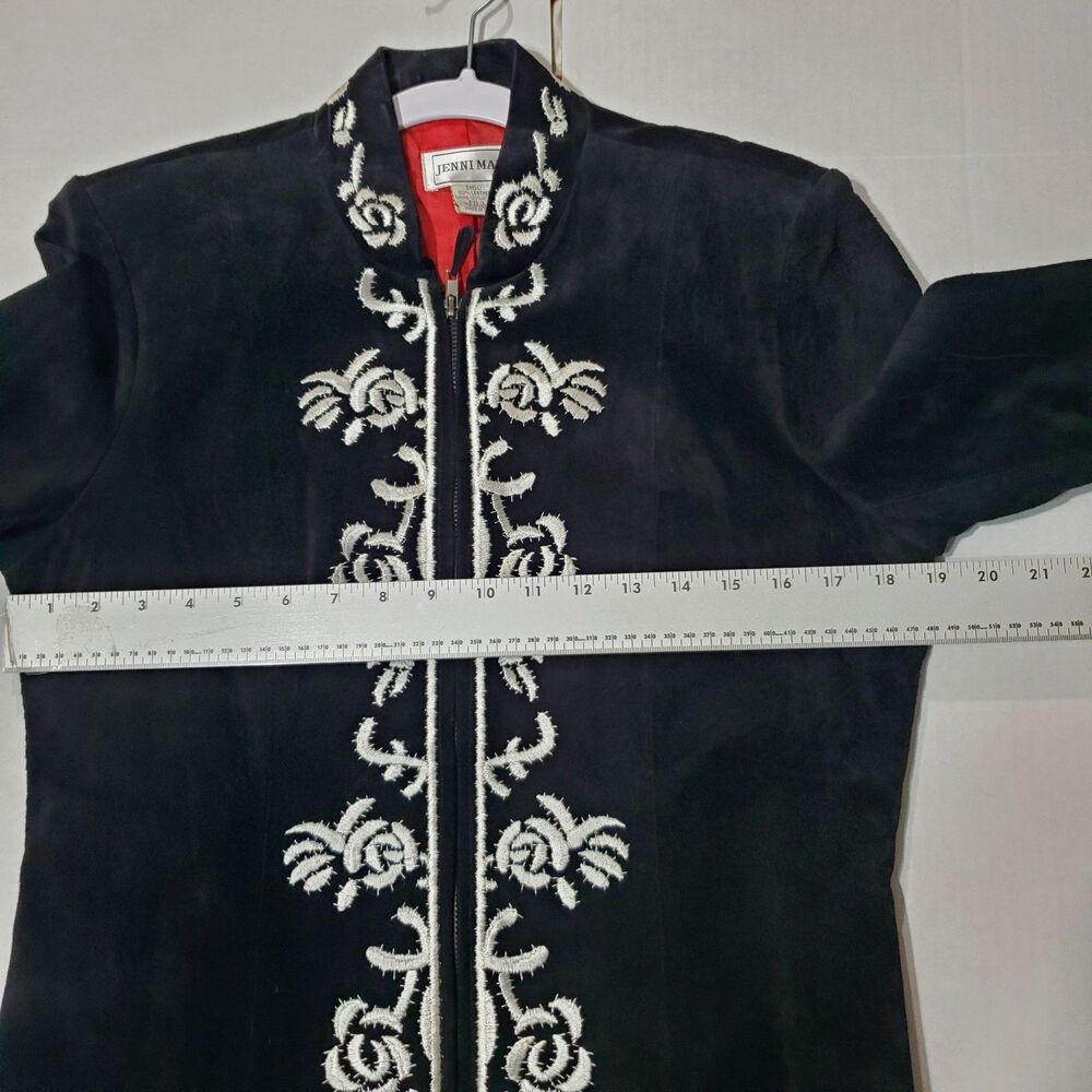 Vintage Suede Leather Black / White Floral Embroidered Zip Jacket , Size 12 - Picture 13 of 16